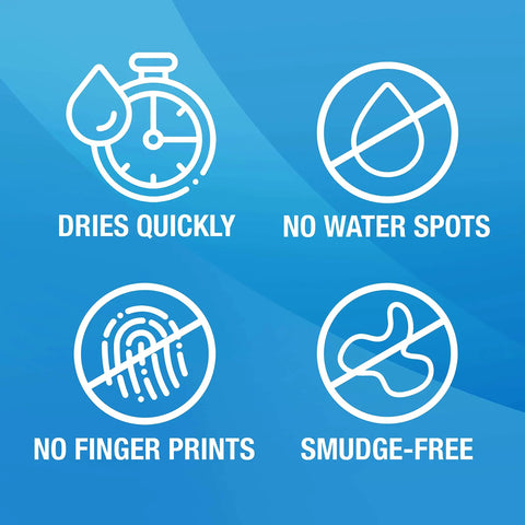 Icons representing dries quickly, no water spots, no fingerprints, smudge-free features of Wood Surface Cleaning Wipes For Cabinets, Furniture, And Floors Quick Dirt Grime Removal Shine And Protect Finish Safe On Oak Maple Walnut And More Great For Kitchen And Bath Surfaces 30 Count