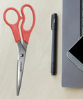 8 Inch All Purpose Stainless Steel Scissors For Paper Ribbon And Photos Red Handle Lightweight Comfort Grip Precision Cut Everyday Crafting Tool Ideal For Light Duty Projects beside pen and laptop