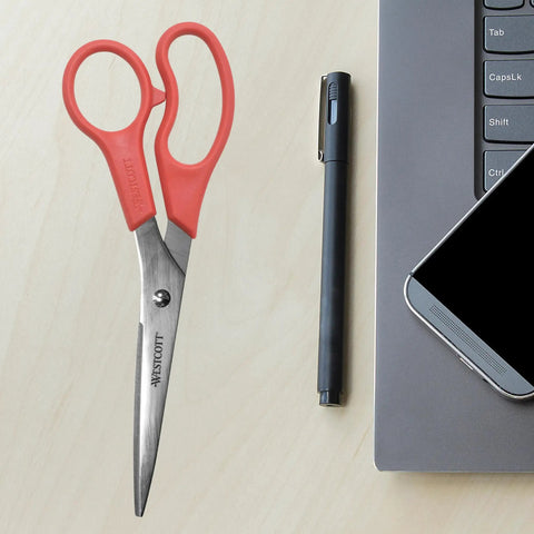 8 Inch All Purpose Stainless Steel Scissors For Paper Ribbon And Photos Red Handle Lightweight Comfort Grip Precision Cut Everyday Crafting Tool Ideal For Light Duty Projects beside pen and laptop