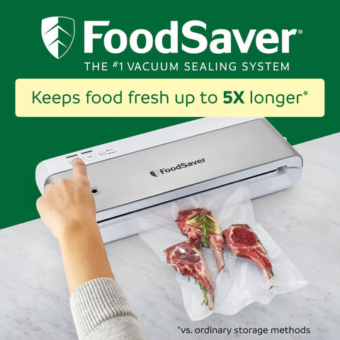 Compact Vacuum Sealer With Airtight Bags And Roll Keeps Food Fresh Up To 5X Longer sealing lamb chops on countertop