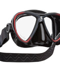 Synergy Twin Trufit Scuba Mask With Dual Lens and Comfort Strap for Diving Black and Red, Ultra Clear Low Volume Mask in profile.