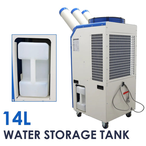 Heavy Duty Portable Air Conditioner That Kicks Butt On Roasting Days With Blistering 22178 Btu Cooling And Snappy 910 Cubic Meter Per Hour Airflow For Garage Workshops And Patios featuring 14L water storage tank.