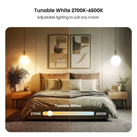 Bedroom with adjustable lighting using Four Pack Smart LED Bulbs 2.4GHz WiFi Tunable White 2500K To 6500K Dimmable 800 Lumens E26 A19.