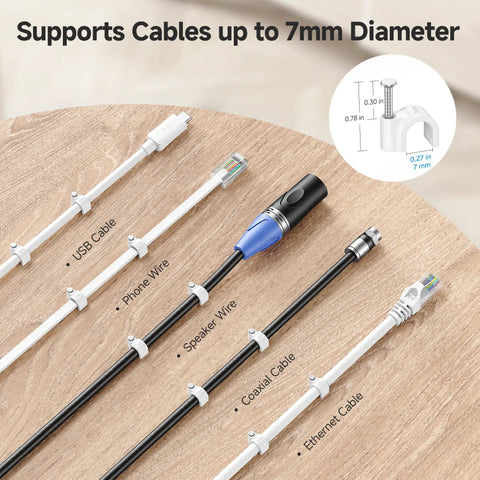 Nail-In Cable Clips Cord Organizer 200-Pack 7mm 0.27 Inch Wall Mount White securing different cables on a wooden surface.