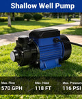 Heavy Duty 1/2Hp Cast Iron Water Transfer Pump Delivers 570Gph Steady Flow And 118Ft Head For Irrigation in garden.