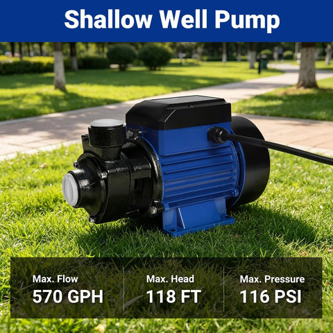 Heavy Duty 1/2Hp Cast Iron Water Transfer Pump Delivers 570Gph Steady Flow And 118Ft Head For Irrigation in garden.