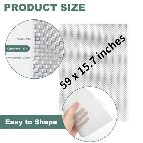 Workhorse Stainless Steel Wire Mesh Screen 15.7 By 59 Inch 1mm Hole 20 Mesh close-up with hand holding mesh, product dimensions visible.
