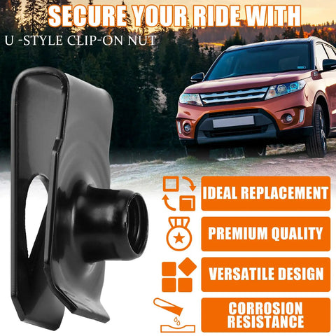 25 Pack Black Extruded U Style Spring Nuts For Automotive Fender Bumper And Grill Retainer Clips 1/4-20 Thread Road Ready Zero Hassle Fastener Upgrade Kit close-up of U-style clip-on nut