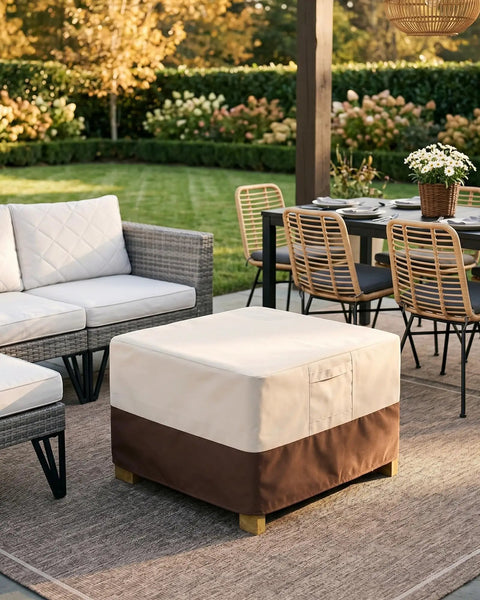 Square Patio Ottoman Cover Waterproof Outdoor Shield With Padded Handles Beefed Up Heavy Duty Fit For Small Beige Brown Ottomans And Side Tables UV Stabilized 600D Oxford Fabric