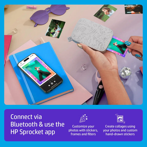 Pocket Sized Photo Printer For Instant Two By Three Inch Sticky Back Photos From Your Phone On The Go Luna Pearl Edition in use