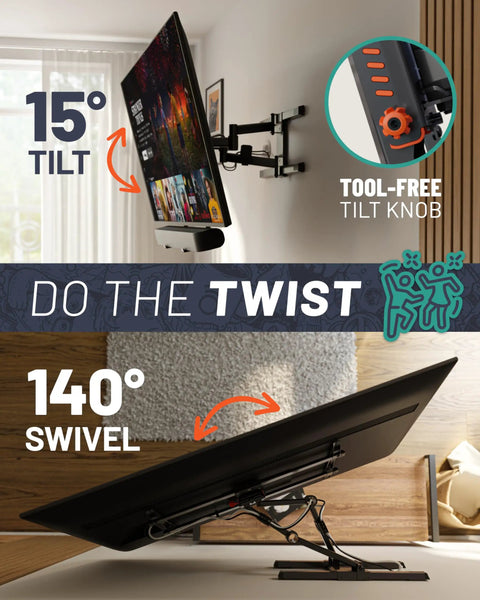 Heavy Duty Full Motion TV Wall Mount Bracket For Flat Screens Up To 82 Inches with 15° tilt and 140° swivel feature.