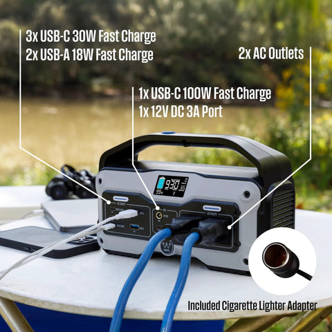 Portable Power Station and Solar Generator 400W Peak, 183Wh Lithium Battery With LED Display, DC Outlet at outdoor table