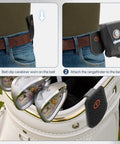 Heavy Duty Steel Belt Clip For Magnetic Golf Rangefinders And Accessories shown on belt and golf bag