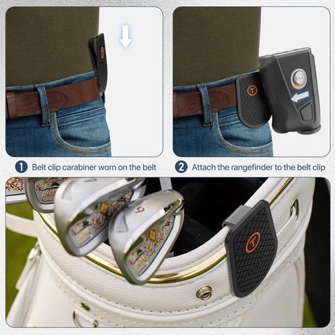 Heavy Duty Steel Belt Clip For Magnetic Golf Rangefinders And Accessories shown on belt and golf bag