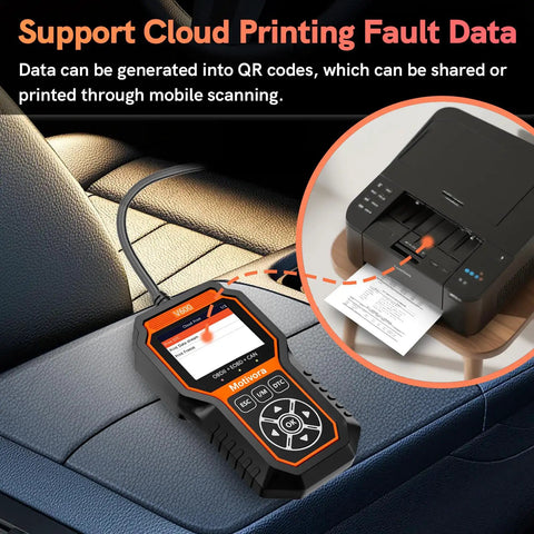 Go To Car Diagnostic Tool With 50,000 DTC Library That Reads And Clears Engine Codes for Cars 1996 and Newer shown with printer