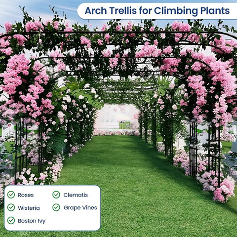 Outdoor Garden Arch Trellis For Climbing Plants, Sturdy Galvanized Steel Frame With Weatherproof Coating, 126 In Long, covered in pink flowers
