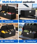 Beefy Heavy Duty Steel Trailer Tongue Box For Pickup And RV Featuring Cold Rolled A Frame Storage Setup, shown in multiple outdoor uses.