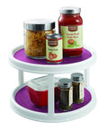 Non Skid 2 Tier Pantry Cabinet Lazy Susan Turntable 12 Inch White Purple For Kitchen Cabinets with food items displayed.