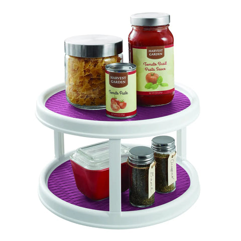 Non Skid 2 Tier Pantry Cabinet Lazy Susan Turntable 12 Inch White Purple For Kitchen Cabinets with food items displayed.