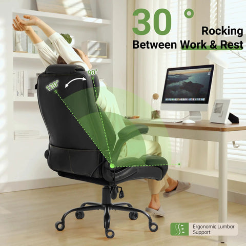 Big And Tall Office Chair With Lumbar Support For Back Pain, Breathable PU Seat, in home office setup showcasing rocking feature.