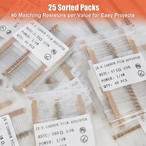 Massive 1000-Piece Resistor Kit with 25 Values From 1 Ohm To 1 Megohm, carbon film resistors labeled in packs