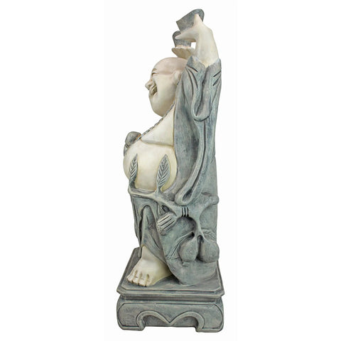 Side view of Jolly Hotei Laughing Buddha Garden Statue For Indoor Outdoor Decor 26 Inches Cast Stone Resin Two Tone Stone Finish Welcoming Joy Prosperity And Good Vibes For Home Or Yard
