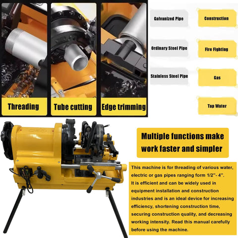 Built Tough Electric Pipe Threader Machine Half To Four Inch Range Featuring 4 Point 9 Inch Chuck for threading, cutting, and trimming pipes.