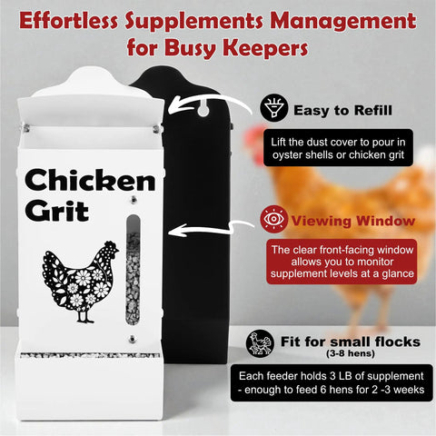 Grit And Oyster Shell Feeder Combo No Spill Weatherproof Heavy Duty Design Lift Off Wall Mounted Metal Dispenser With View Window Chicken Coop Accessory Gift For Lovers And Women - front view showing features