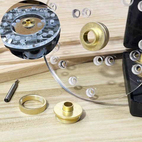 Premium Brass Router Template Guide Set 11 Pcs Fits Any Router Sub Base Like Porter Cable Style Pro Grade Bushing Guides With Carrying Case For Precise Long Lasting Routing displayed on a wooden table.