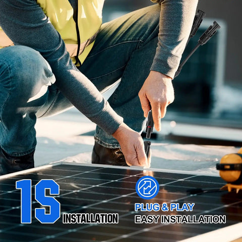 Person installing Two Pair Solar Connectors 30A Y Branch Parallel PV Adapter Cable Kit for Solar Panels on rooftop.