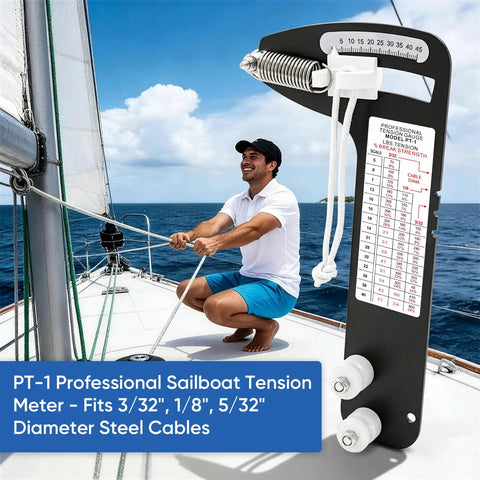 Hands Off Sailboat Rigging Tension Gauge For Wire Rope And Cable Fit In Three Thirty-Second Inch, One Eighth Inch, And Five Thirty-Second Inch Sizes, Eight Hundred Pound Rating, Accurate Tool To Prevent Over Tightening And Under Tightening on sailboat rigging