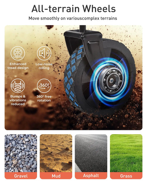 Close-up of heavy-duty wheel on foldable all terrain wagon with tread design, suitable for gravel, mud, asphalt, grass.
