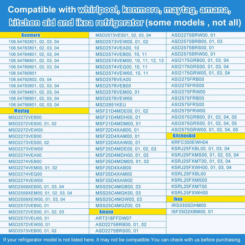 Compatibility chart for Water Inlet Valve Replacement For Whirlpool Kenmore Maytag Amana KitchenAid And IKEA Refrigerators Not All Models Ready To Install Durable Fit Replacement Part W10179146 Compatible With W10155357 AP6016381 PS11749668