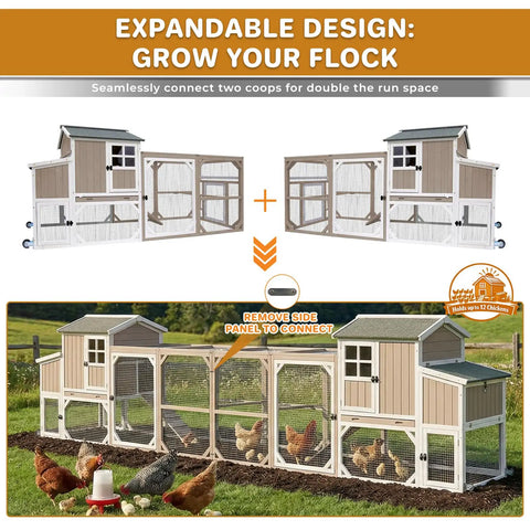 Expandable design of Spacious Backyard Chicken Coop With Walk-In Run And Wheels For 3 To 6 Hens, 95.3 Inch Wooden Hen House