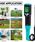 2 In 1 Soil EC And Temperature Meter With IP67 Waterproof Probe for gardeners and farmers, showing digital display and applications