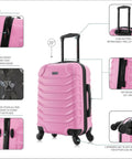 Durable pink carry-on luggage with 20" hardshell, spinner wheels, and trolley handle, ideal for travel.