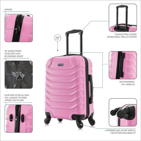 Durable pink carry-on luggage with 20" hardshell, spinner wheels, and trolley handle, ideal for travel.