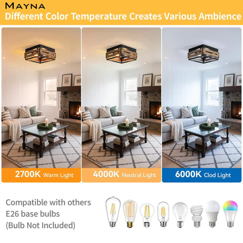 Comparison of Farmhouse Two Light Ceiling Light Fixture Rustic Flush Mount With Wood And Metal in warm, neutral, cold light settings