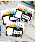 Colorful 36 Pack Desk Name Plates With Photo Space Self Adhesive Kids Name Tags For Classroom Organization with pencils design