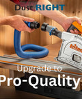 Flexiport Power Tool Hose Kit With 3 To 12 Foot Expandable Hose and four FlexiPorts connected to a handheld saw on a workbench.