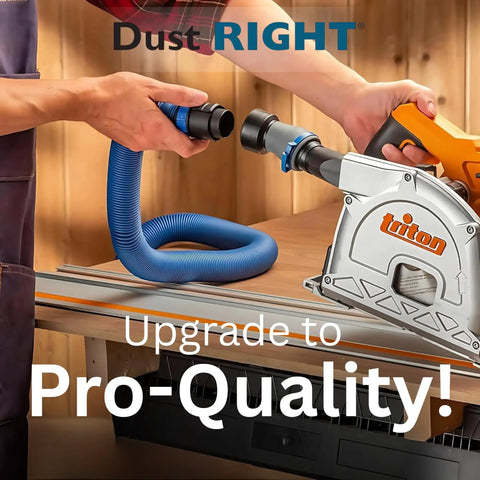 Flexiport Power Tool Hose Kit With 3 To 12 Foot Expandable Hose and four FlexiPorts connected to a handheld saw on a workbench.