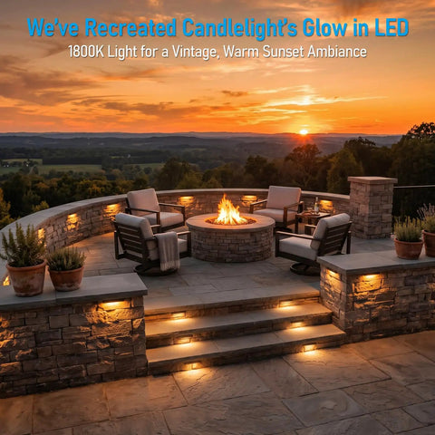 Outdoor fire pit area with Easy Install 7 Inch LED Hardscape Light With 5CCT Adjustable Output illuminating stone steps and seating.