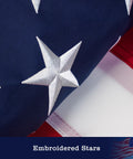 Close-up of embroidered stars on 3 x 5 ft American Flag For Outdoor Use, 350D Heavy Duty Polyester, Fade And UV Resistant, Waterproof