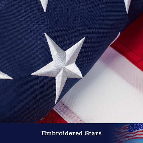 Close-up of embroidered stars on 3 x 5 ft American Flag For Outdoor Use, 350D Heavy Duty Polyester, Fade And UV Resistant, Waterproof