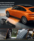 Brand New 315 Mhz Tpms Sensor Straight Swap Tire Pressure Monitoring System For Gm C6 Platform Fits Like A Glove Replacement For Chevrolet Cadillac Buick Gmc Pontiac Saturn 31598771 next to an orange SUV with TPMS indicator