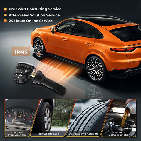 Brand New 315 Mhz Tpms Sensor Straight Swap Tire Pressure Monitoring System For Gm C6 Platform Fits Like A Glove Replacement For Chevrolet Cadillac Buick Gmc Pontiac Saturn 31598771 next to an orange SUV with TPMS indicator