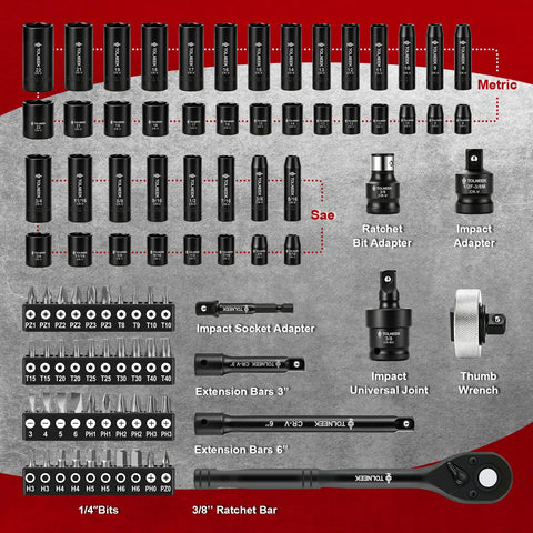 3/8 Inch Impact Socket Set 92 Pieces With Adapters CrMo Steel Deep Sockets Quick Release Ratchet And Palm Kit For Tough Jobs, tool layout