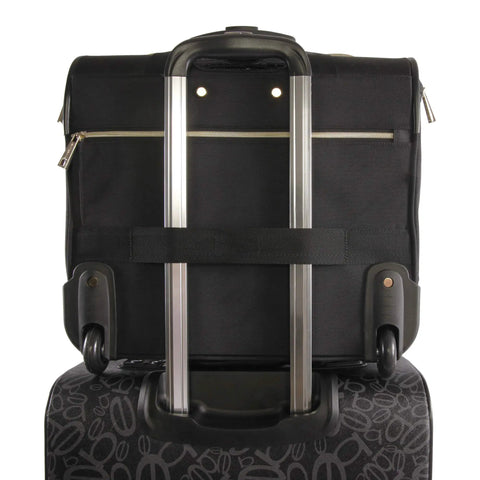 Back view of Underseat Carry On Luggage With Wheels, Compact Croc Black Travel Bag For Planes, sturdy handle attachment