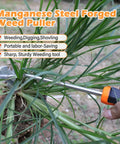 Heavy Duty Five Tooth Weeding Tool for Vegetables and Backyard Gardens in use with rubber grip handle pulling weeds.