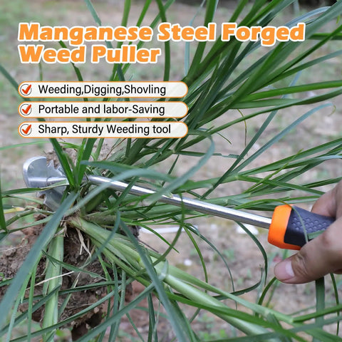 Heavy Duty Five Tooth Weeding Tool for Vegetables and Backyard Gardens in use with rubber grip handle pulling weeds.